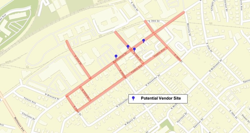 Four potential vendor sites along North Davidson Street and East 35th Street within the highlighted streets of the NoDa Congested Business District.