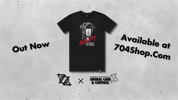 12.7 704Shop. Shirts Trudigital .png infographic Black and white marbled background black text and logos with black tshirt "adopt lick shelter life away" "available at 704shop.com