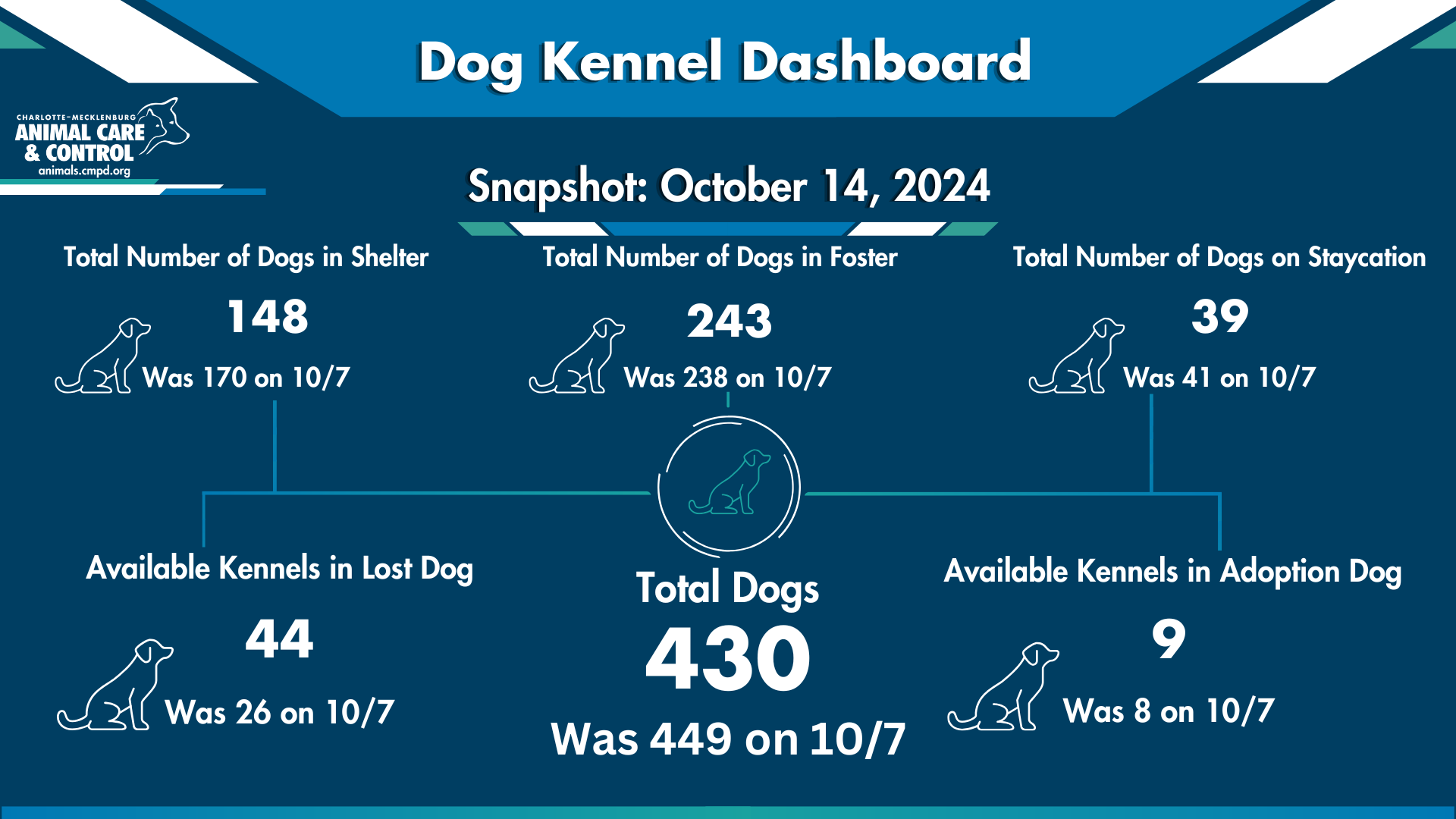 ACC branded theme infographic blue background white font. white outline small dog figures over data. Dog Kennel Dashboard Snapshot: October 14, 2024. Update: Available kennels in lost: 44 Available kennels in adopt: 9 Total number of dogs on Staycation: 39 Total number of dogs in Foster: 243 Total number of dogs in Shelter: 148 Total number of dogs in our care: 430