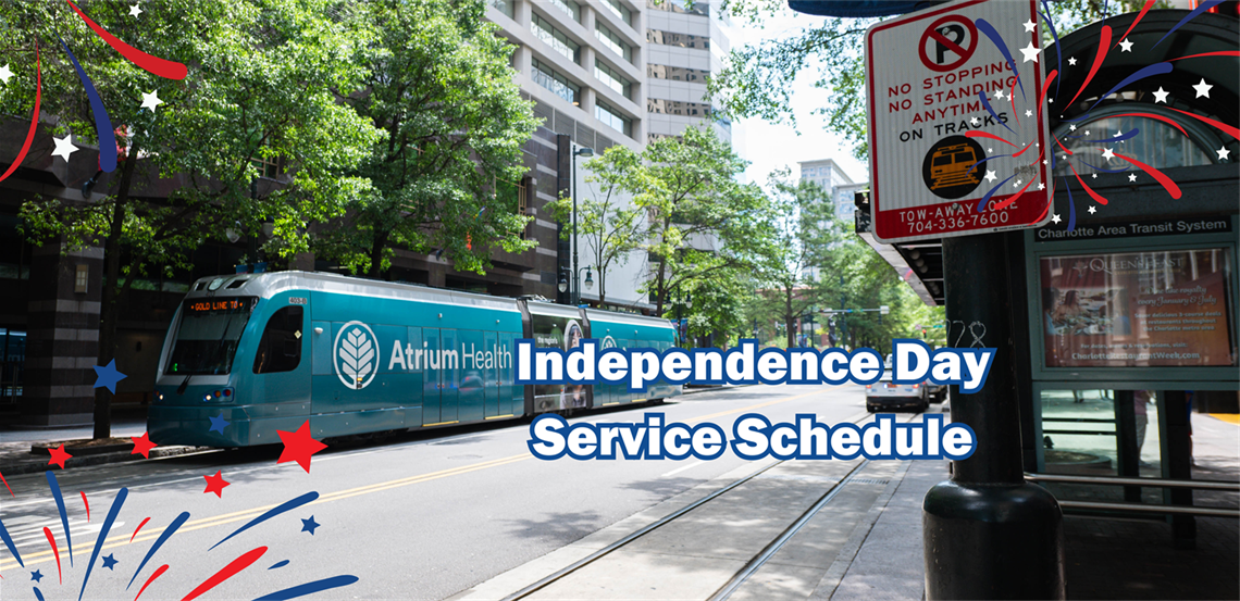 CATS Gold line on tracks with the text Independence Day Service Schedule on it