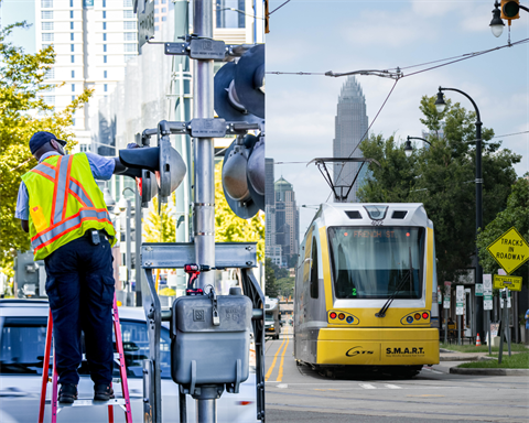 CATS rail worker beside a goldline streetcar