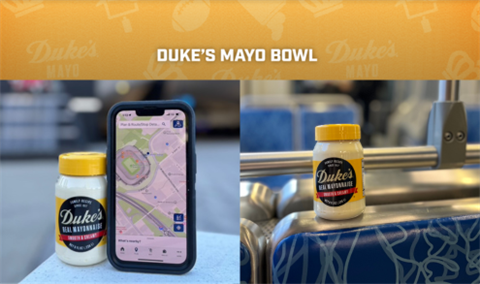 Duke Mayo bowl 2025 advertisment on cats bus and in front of bank of America stadium