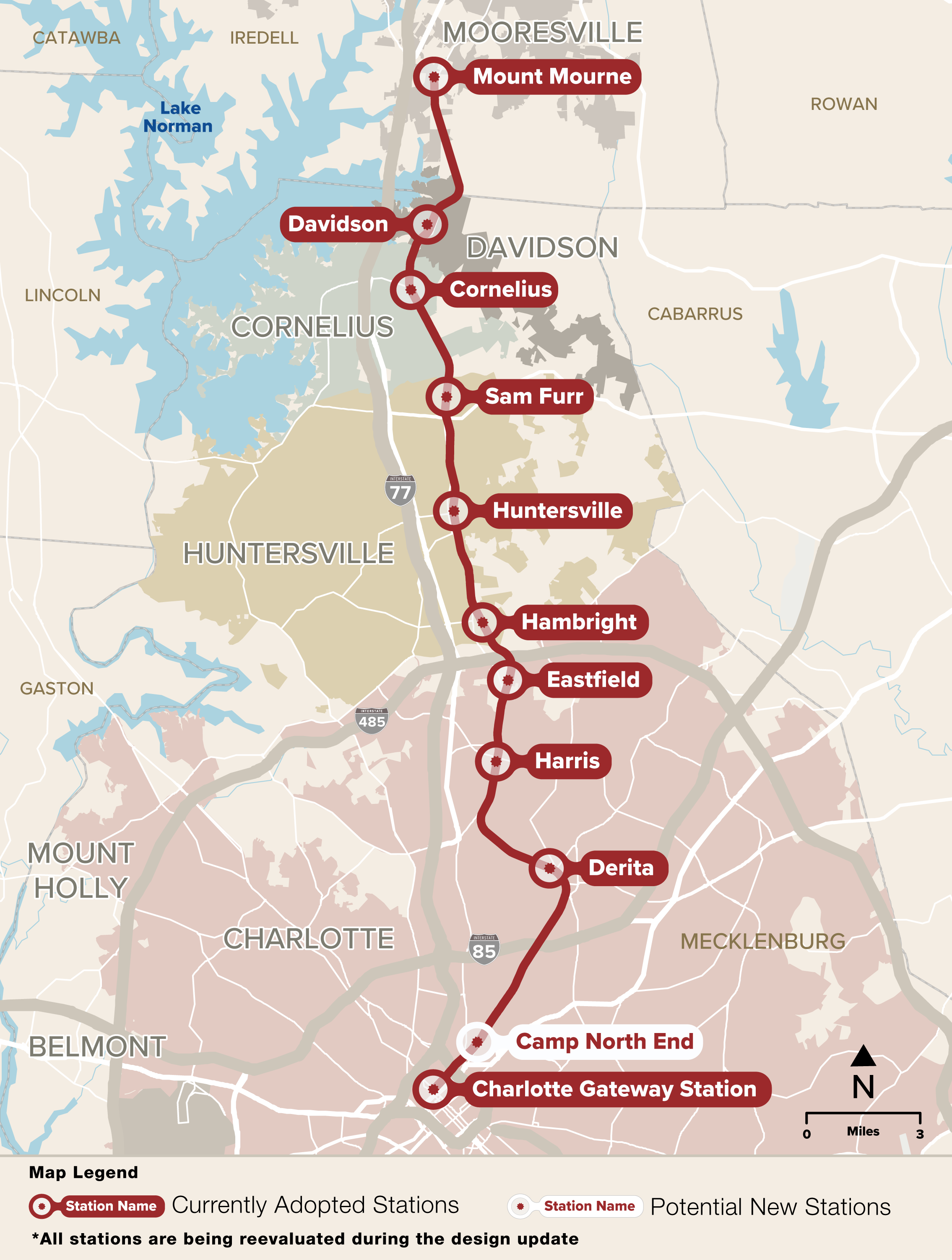 Red line commuter rail map with legend that shows current adopted stations