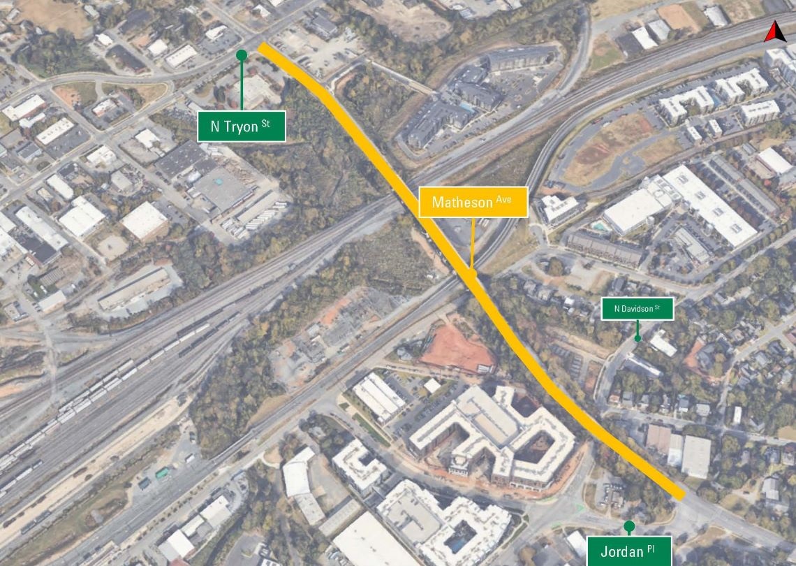 aerial map of project area with section of road being improved depicted by a yellow line