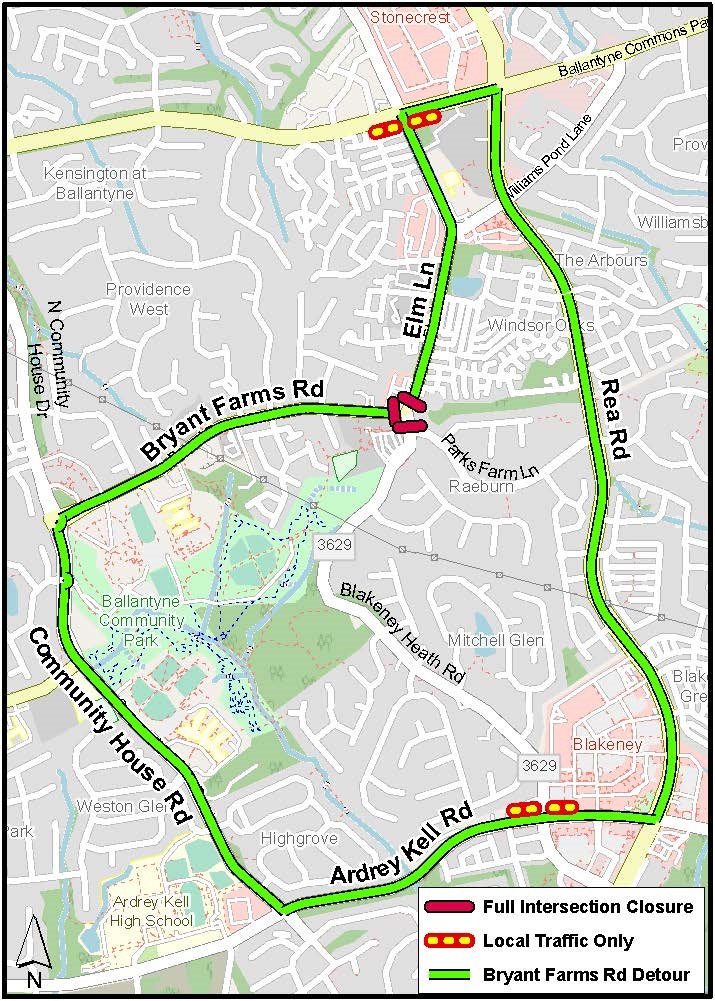 a map depicting a detour around the closed intersection. The detour route is indicated in green.