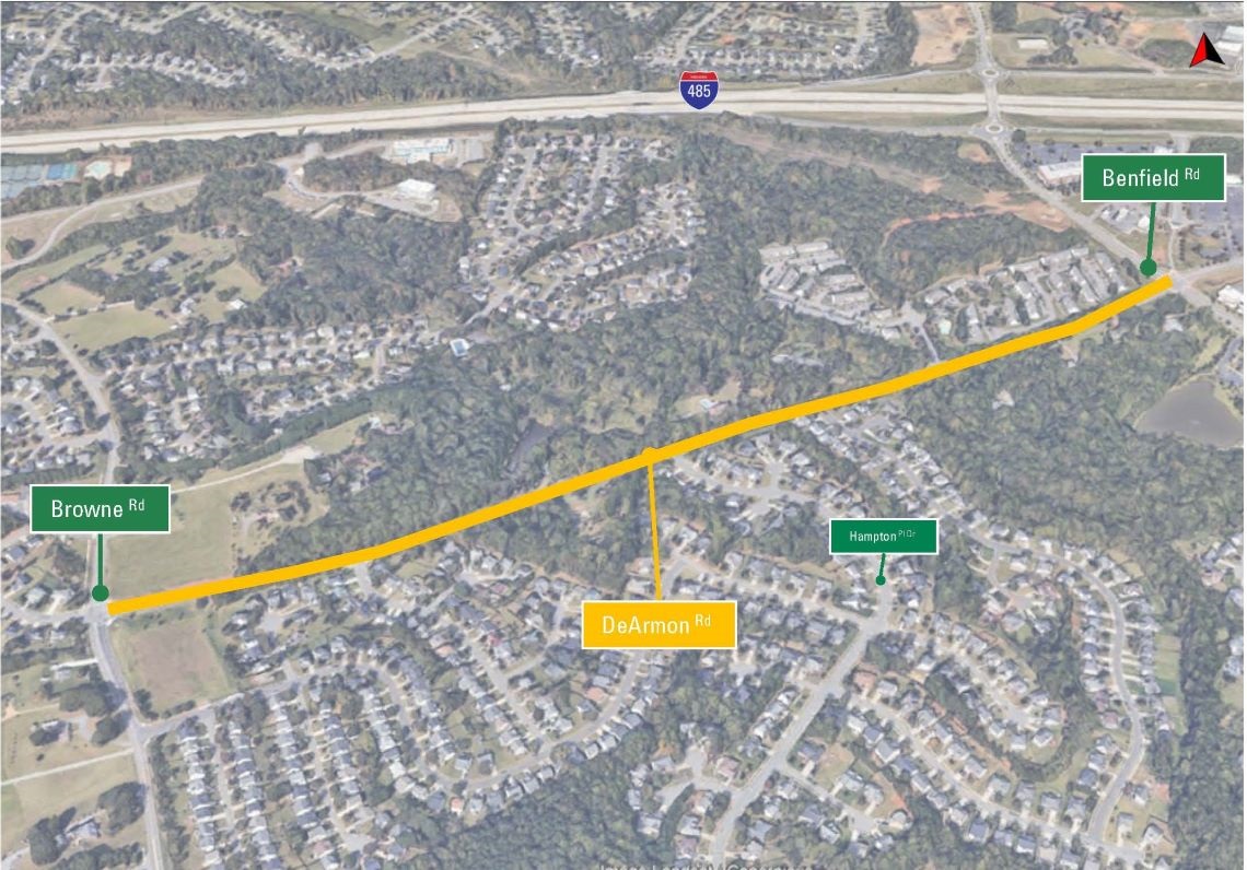 aerial map depicting DeArmon Road with a yellow line