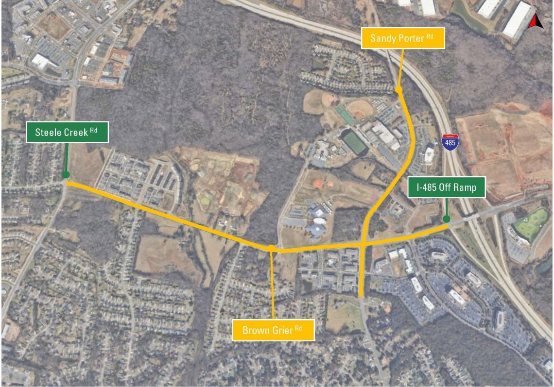 aerial map of project with yellow lines depicting the areas where improvements will take place along Brown Grier Road and Sandy Porter Road