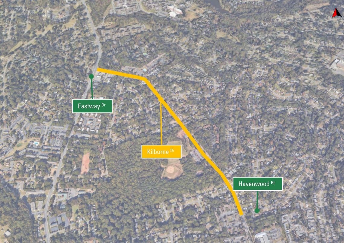 aerial map of the project area with a yellow line depicting the portion of roadway that is being improved