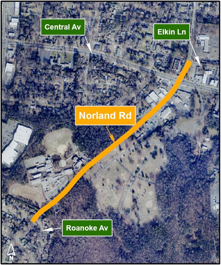 an aerial map of the project area with the section of roadway being improved highlighted in bright yellow