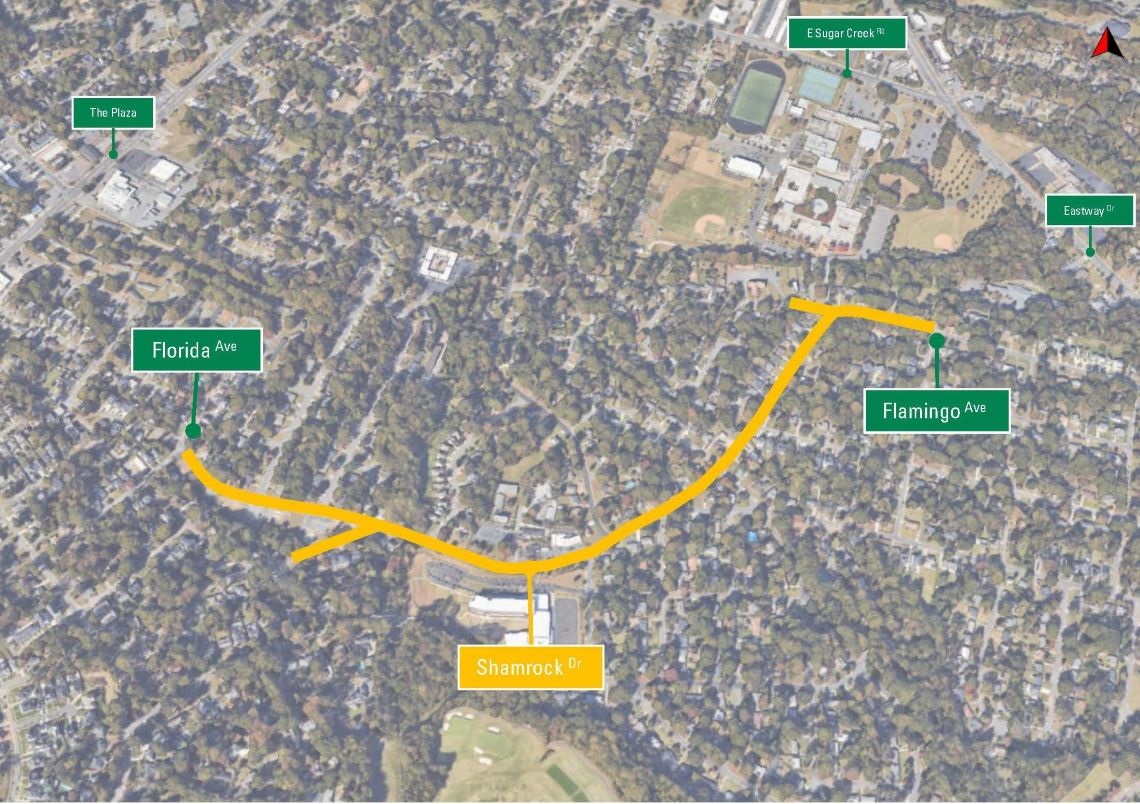 an aerial map of the project area with a yellow line depicting the portion of the roadway that will be improved with this project