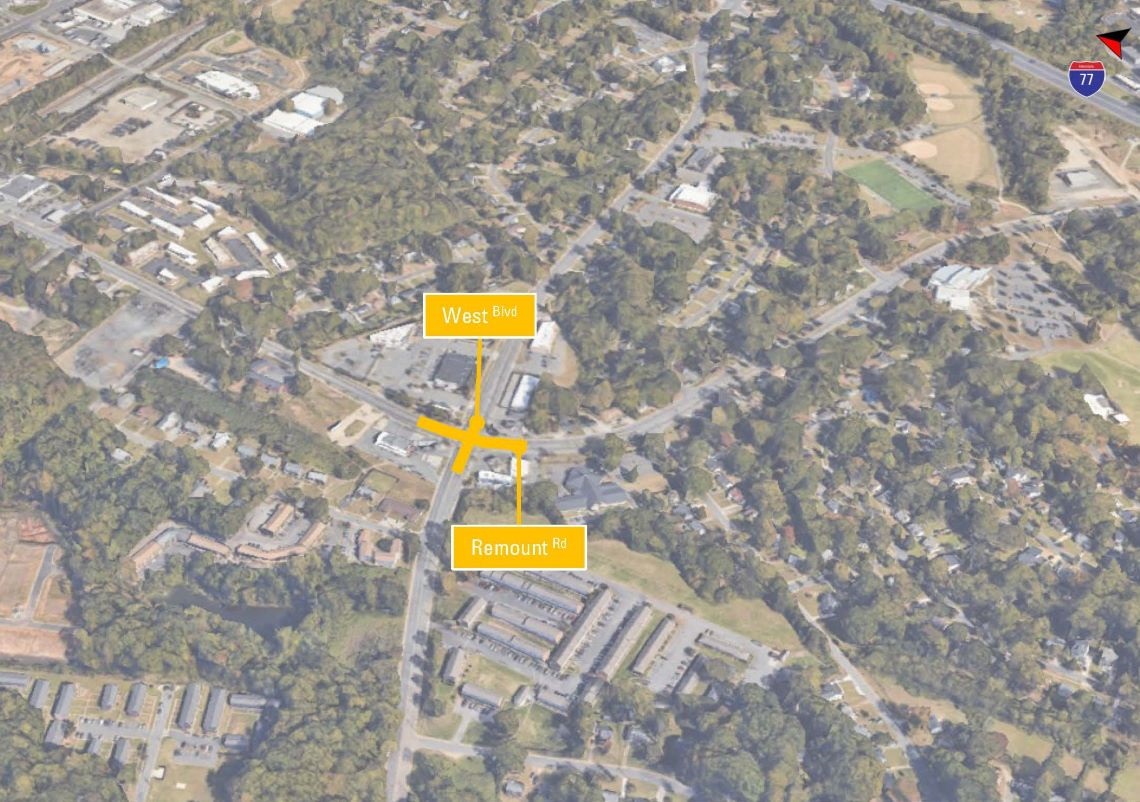 aerial map of project area with a yellow line depicting the roadway getting improvements