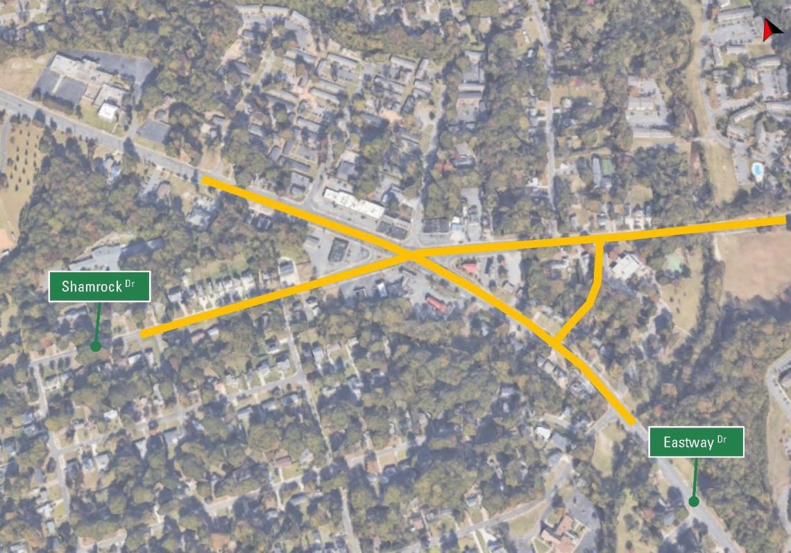 aerial map of the area with a yellow line depicting the roads that comprise the intersection