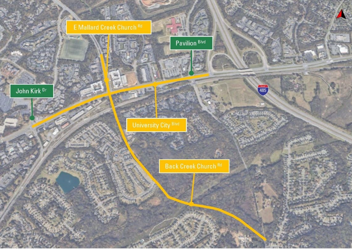 aerial map of project area with a yellow line depicting the roadways where improvements will be made