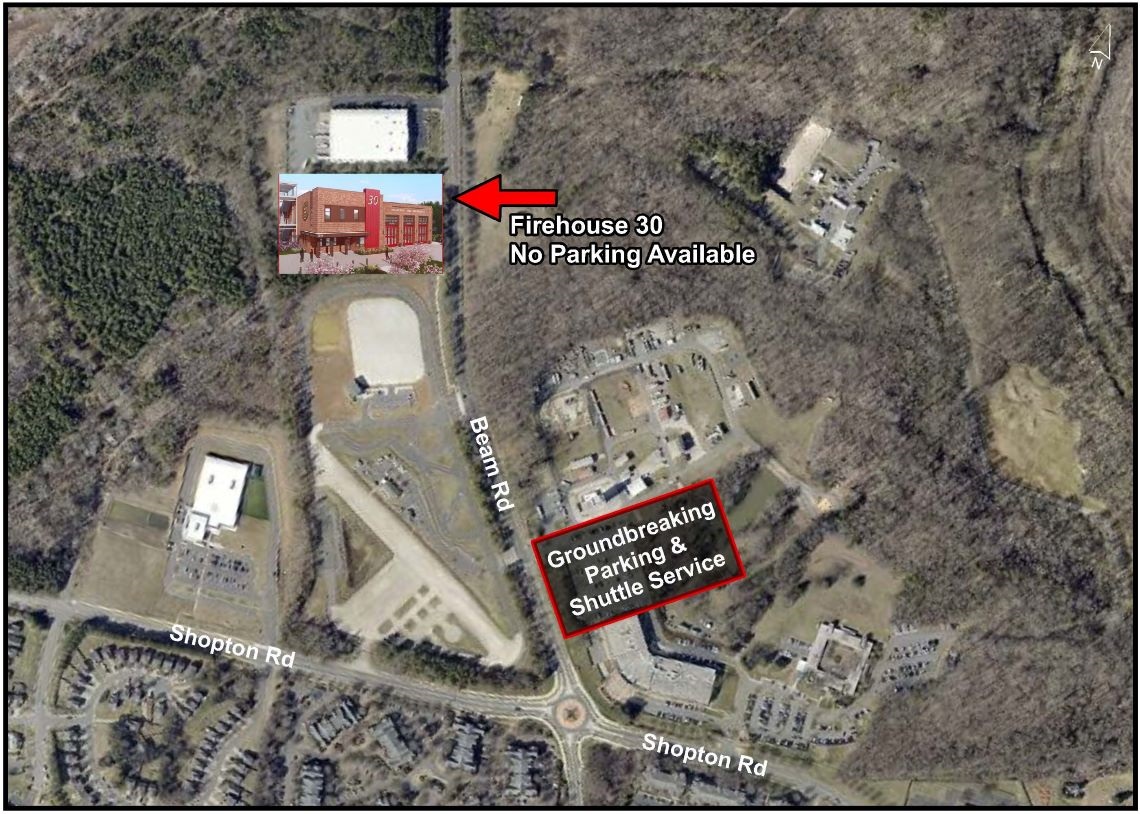 an aerial map of the project area indicating the location of the new firehouse and the location of parking and shuttles across the street
