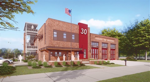 rendering of the new firehouse with a view from the sidewalk