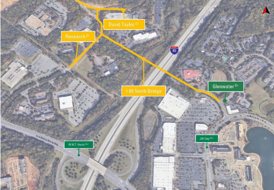 aerial map of project area, with a yellow line depicting the roadway that crosses over I-85