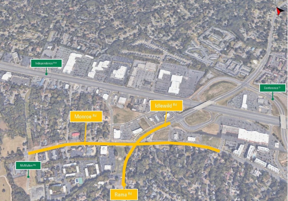 aerial map of project area with a yellow line depicting the roadway that's being improved