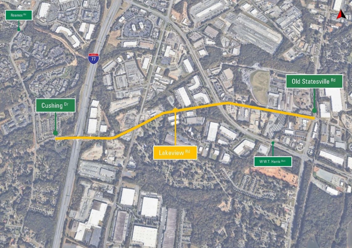 aerial view of project area with a yellow line depicting the section of roadway receiving improvements