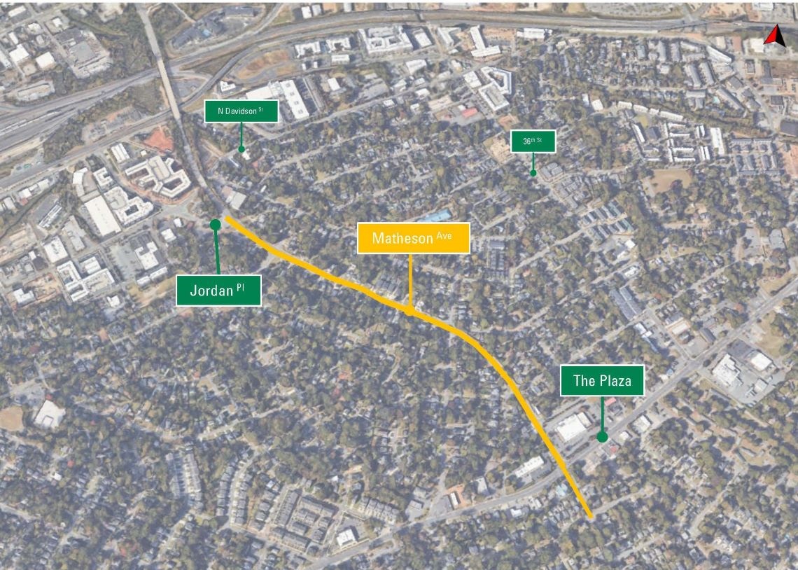 aerial map of project area with the street conversion depicted by a yellow line along Matheson Avenue between Jordan Place and The Plaza