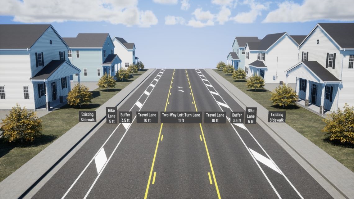 rendering of a cross section of the roadway, with sidewalk, bike lane, buffer, travel lane and turning lane