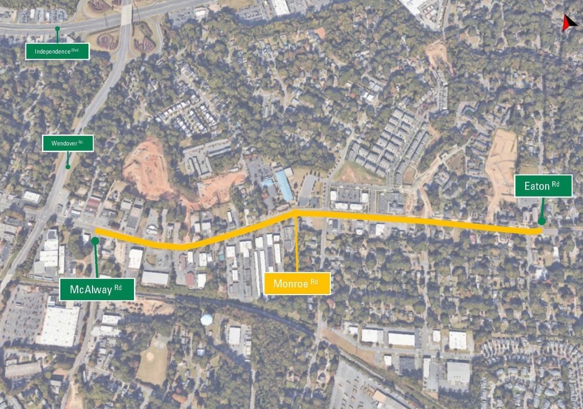 aerial map of project area with a yellow line depicting the roadway getting improvements