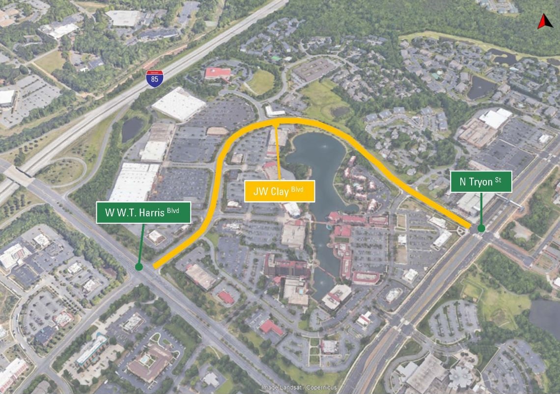 aerial map of project area with a yellow line depicting the roadway getting improvements