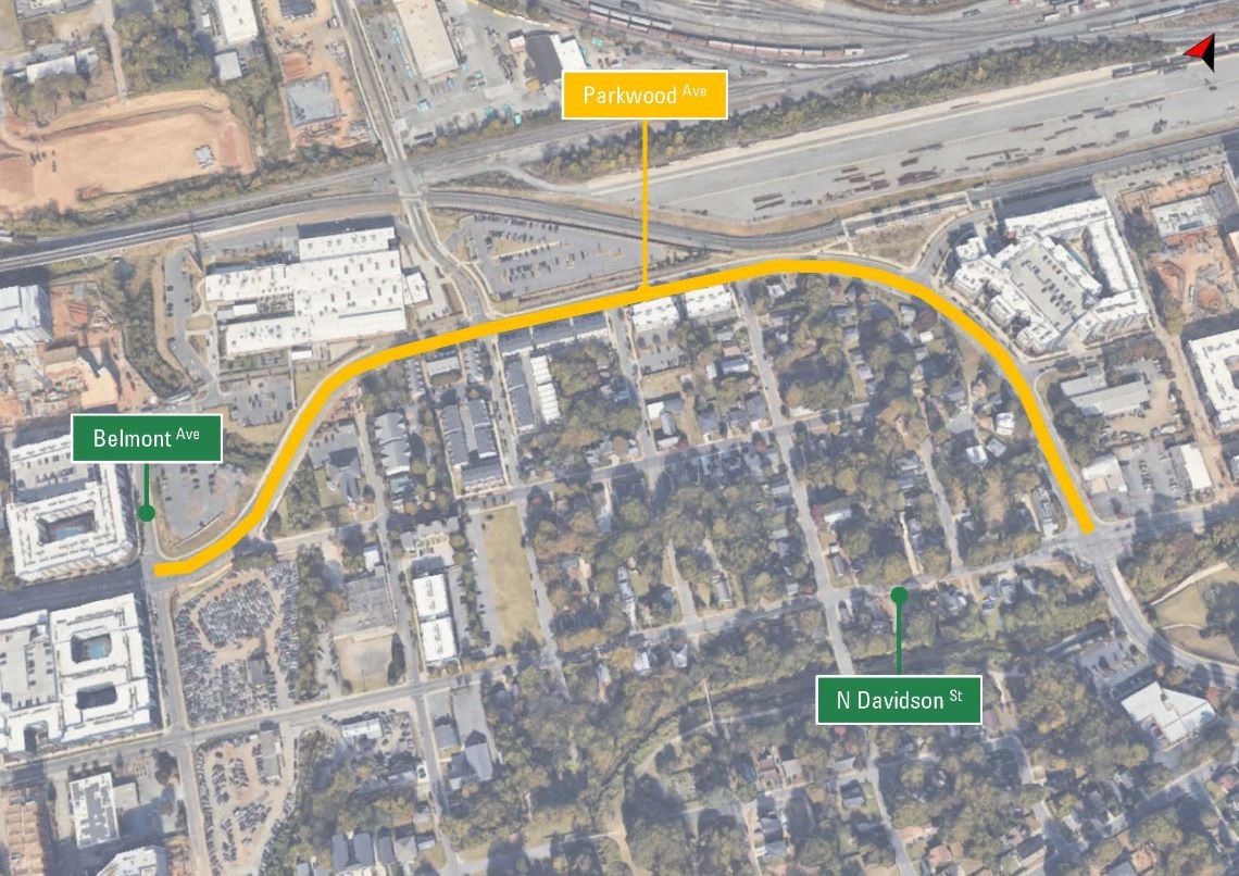 aerial map of project area with a yellow line depicting the roadway getting improvements