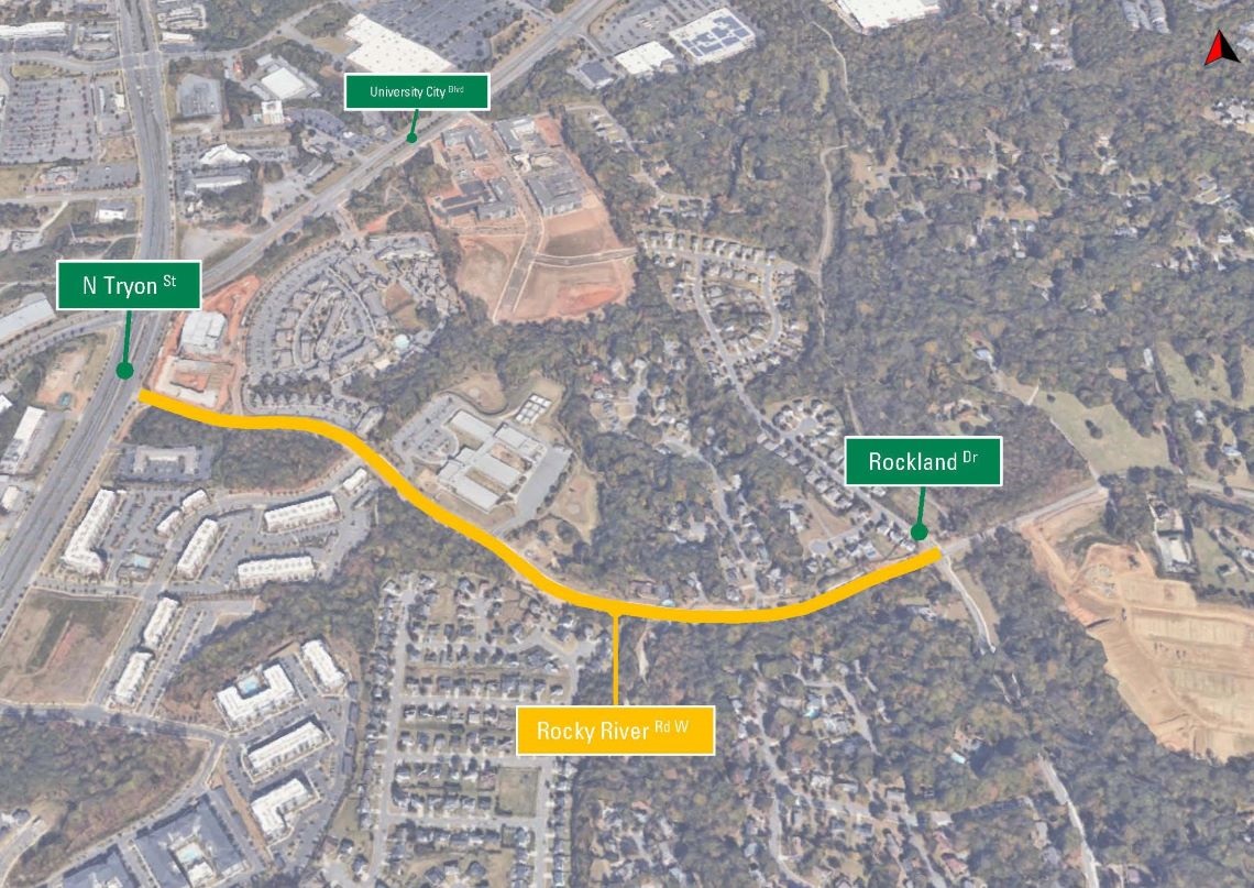 aerial map of project area with a yellow line depicting the roadway getting improvements