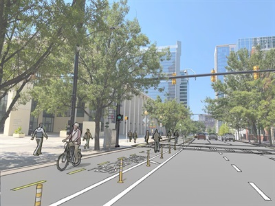 Illustrated overlay of the current roadway in front of the Convention Center on College Street to illustrate the finished project