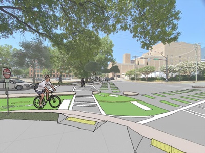 View of the current intersection at Davidson and 6th Street with an illustration of the finished project overlaying the image