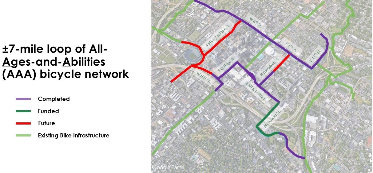 illustrated map displaying completed, funded and future segments of the Uptown CycleLink, as well as existing bike infrastructure