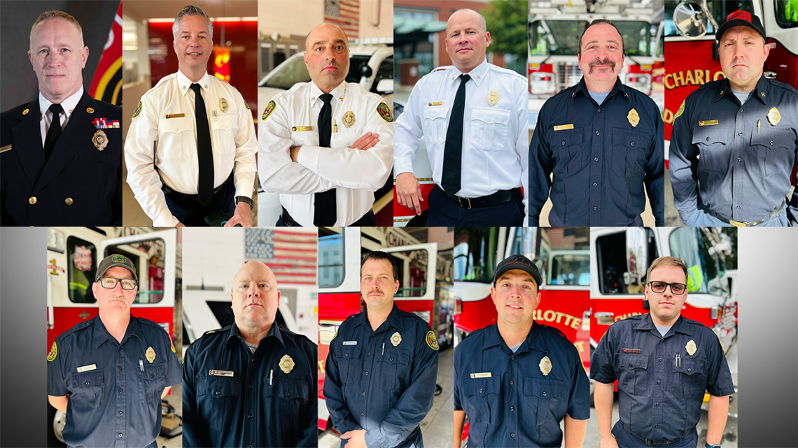 Charlotte firefighters awarded for bravery. Top row left to right, Deputy Chief Pete Skeris, Division Chief Eric Withers, Battalion Chief Michael Clumpner, Battalion Chief John Lipcsak, Captain Austin Ely, Captain Hunter Meadows.  Bottom row left to right, Engineer Gregory Marron, Firefighter Scott Dellinger, Firefighter Jacob Sprinkle, Firefighter Thomas Spence, Firefighter Adam Reingold