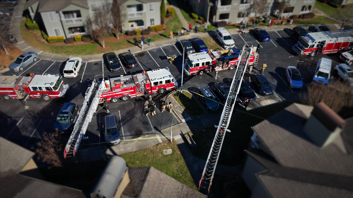 Aerial view of Charlotte Fire's response to a two-alarm fire at the 8800 block of Park Road. Crews worked tirelessly to control the blaze and ensure the safety of residents.