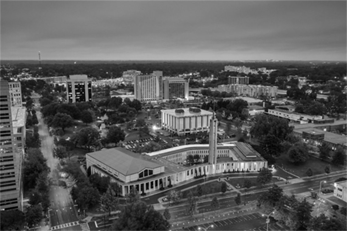 Grayscale aerial view of CMGC building