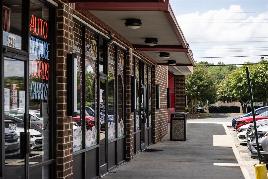 Local businesses in a shopping center within the Albemarle corridor.