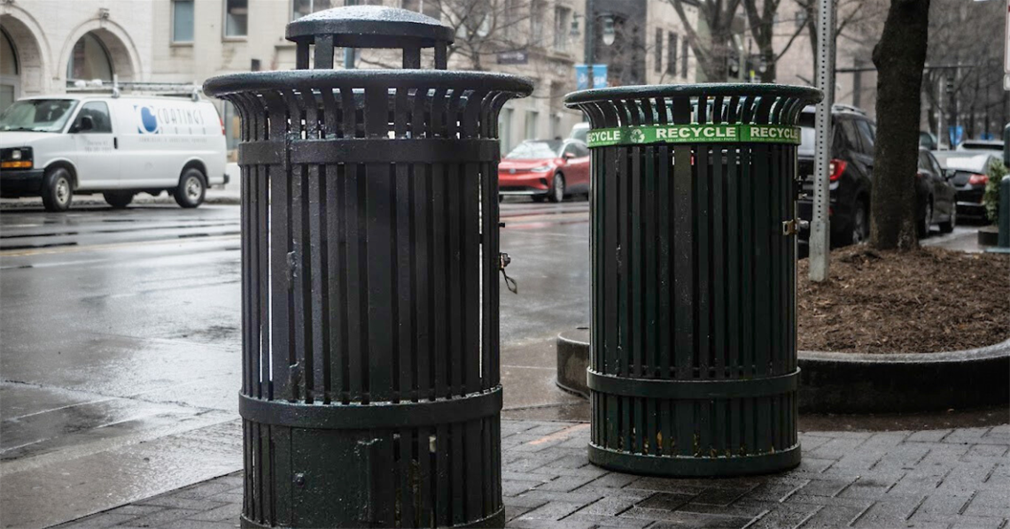 Trash and recycling bins in Uptown.