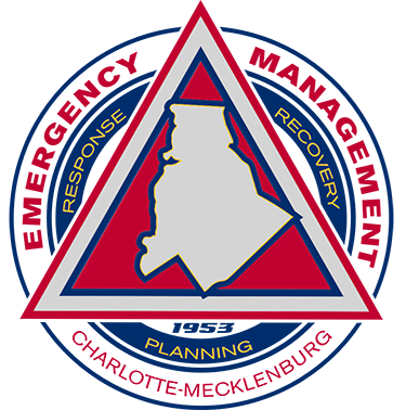 Charlotte-Mecklenburg Emergency Management Office logo, featuring a red triangle around the outline of Mecklenburg County.