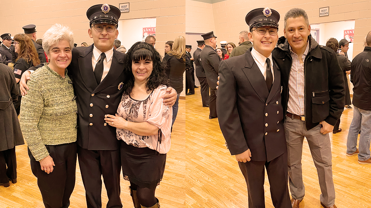 Samayoa-LaForgia poses for pictures with his mothers and his father during a graduation from a fire academy in New Jersey.