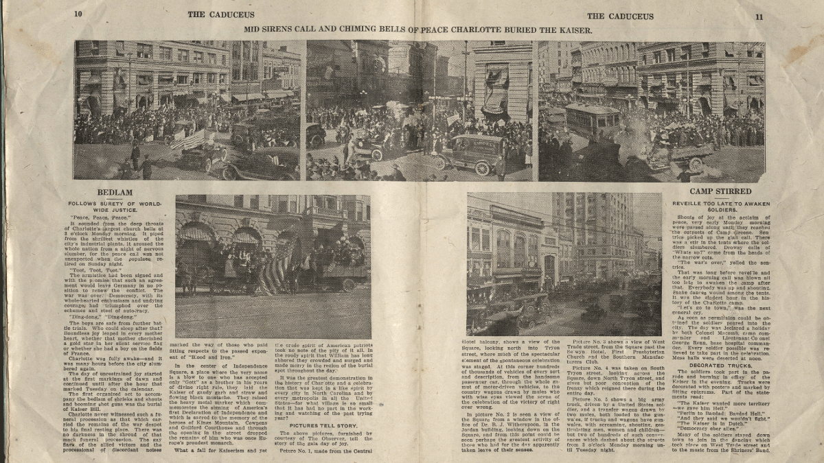 Copy of The Caduceus, the Base Hospital newspaper, detailing the Peace Day celebrations in Charlotte.