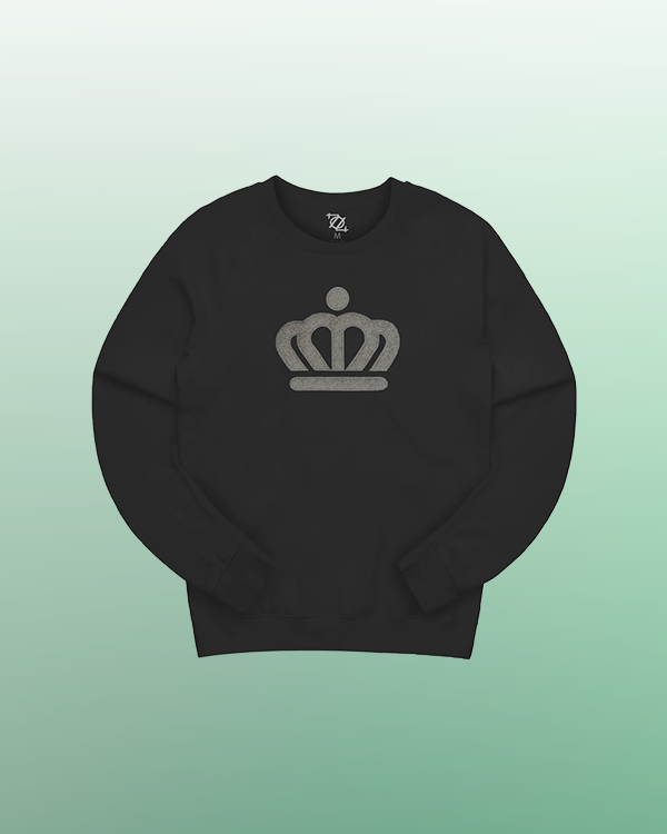 black sweatshirt with crown logo embroidered on front