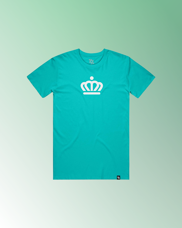 teal t shirt with the crown logo printed on the front