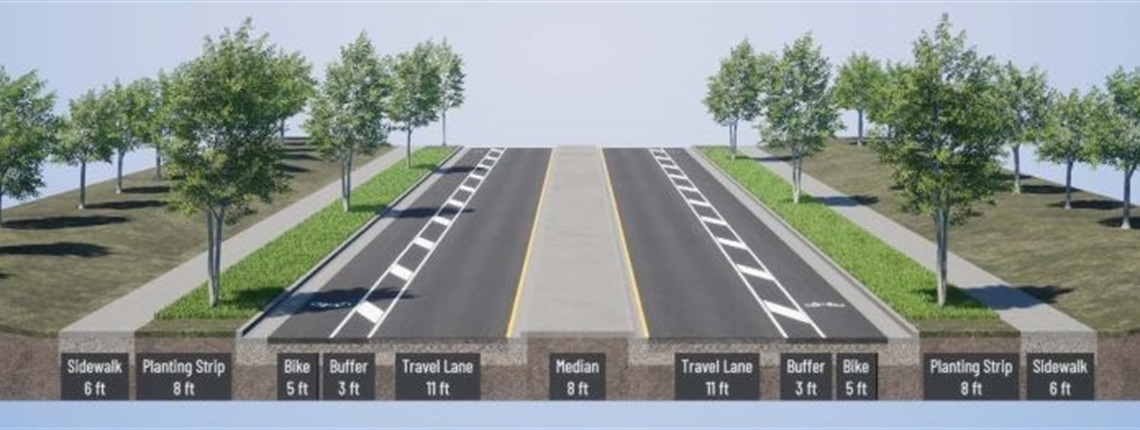 cross-section of the new roadway with two travel lanes, two bike lanes with buffers, planting strips, a median and sidewalks on both sides