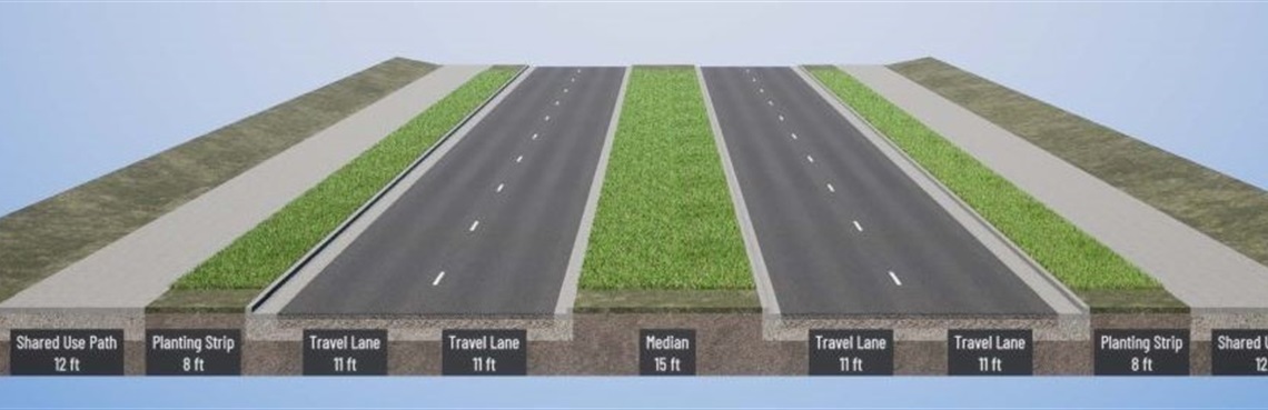 a rendering of a cross-section of the new road with a 12-foot-wide shared use path, 8-foot-wide planting strip, two 11-foot-wide travel lanes on both sides, separated by a 15-foot-wide median