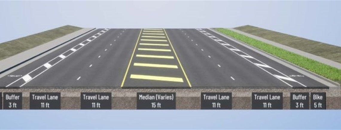 rendering of roadway with sidewalks, bike lanes with buffers and two travel lanes on each side of a median