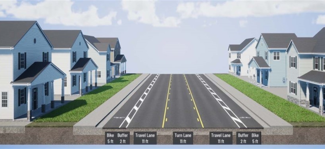rendering of a cross-section of the improved roadway with a 5-foot bike lane, 2-foot buffer, and 11-foot travel lane on both sides and a turn lane in the middle