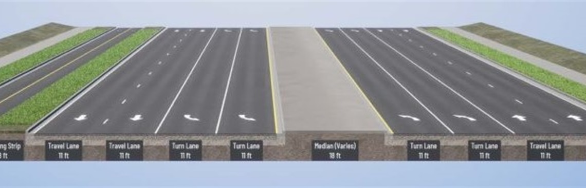 rendering of roadway after improvements, including sidewalk, planting trips travel lanes and turning lanes on both sides of median, plus a cycletrack on one side