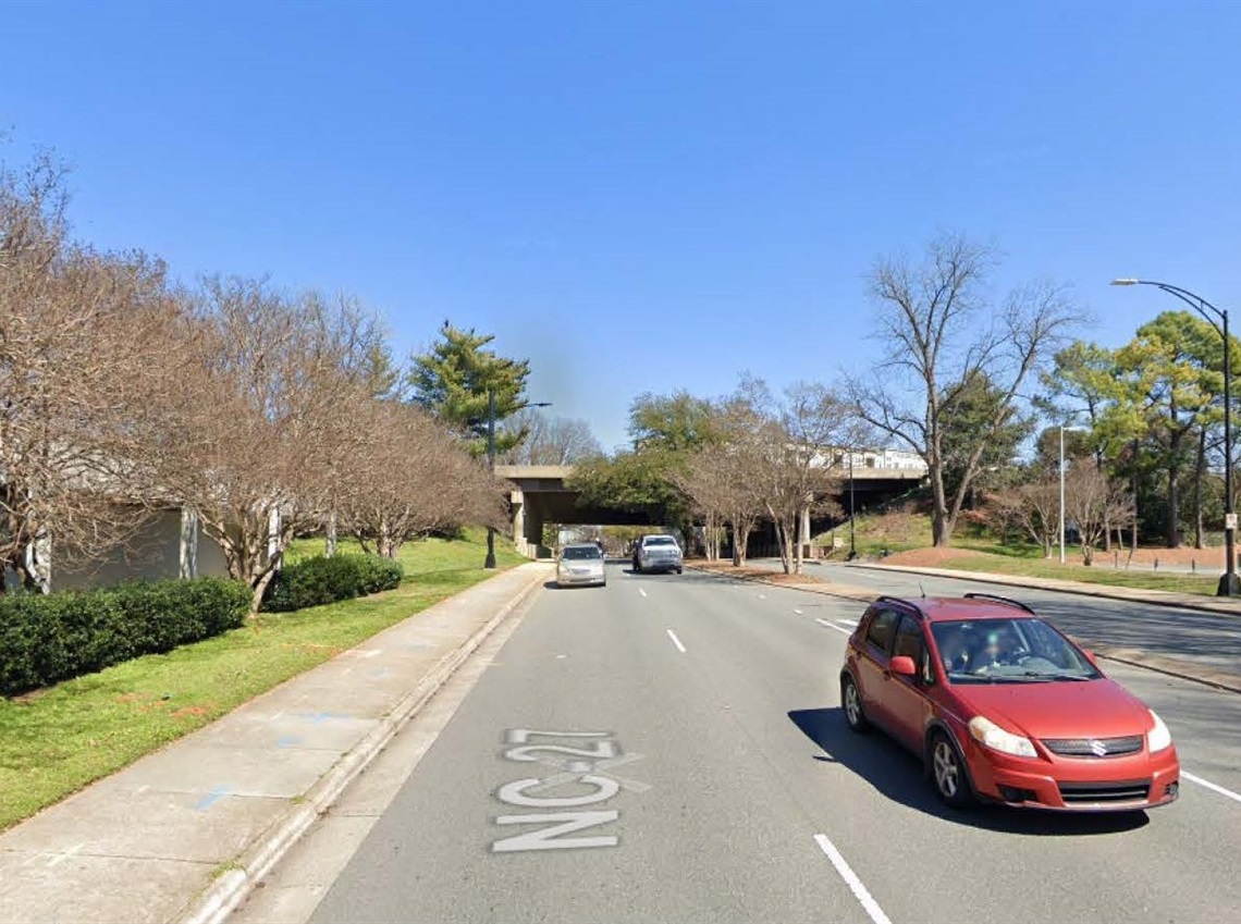 Existing conditions along the roadway with no bike lanes; GoogleMaps image